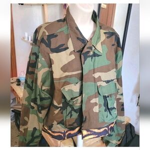 Army Camo Cropped Upcycled Button Shirt 2 Pac Patchwork Tiger Print Trim M-XL